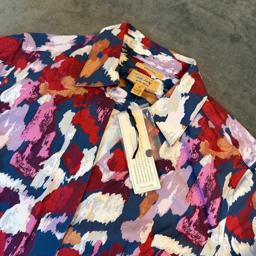 Investments Gold Label Taylor Shirt Womens 14 Multicolor Abstract Non-Iron NWT